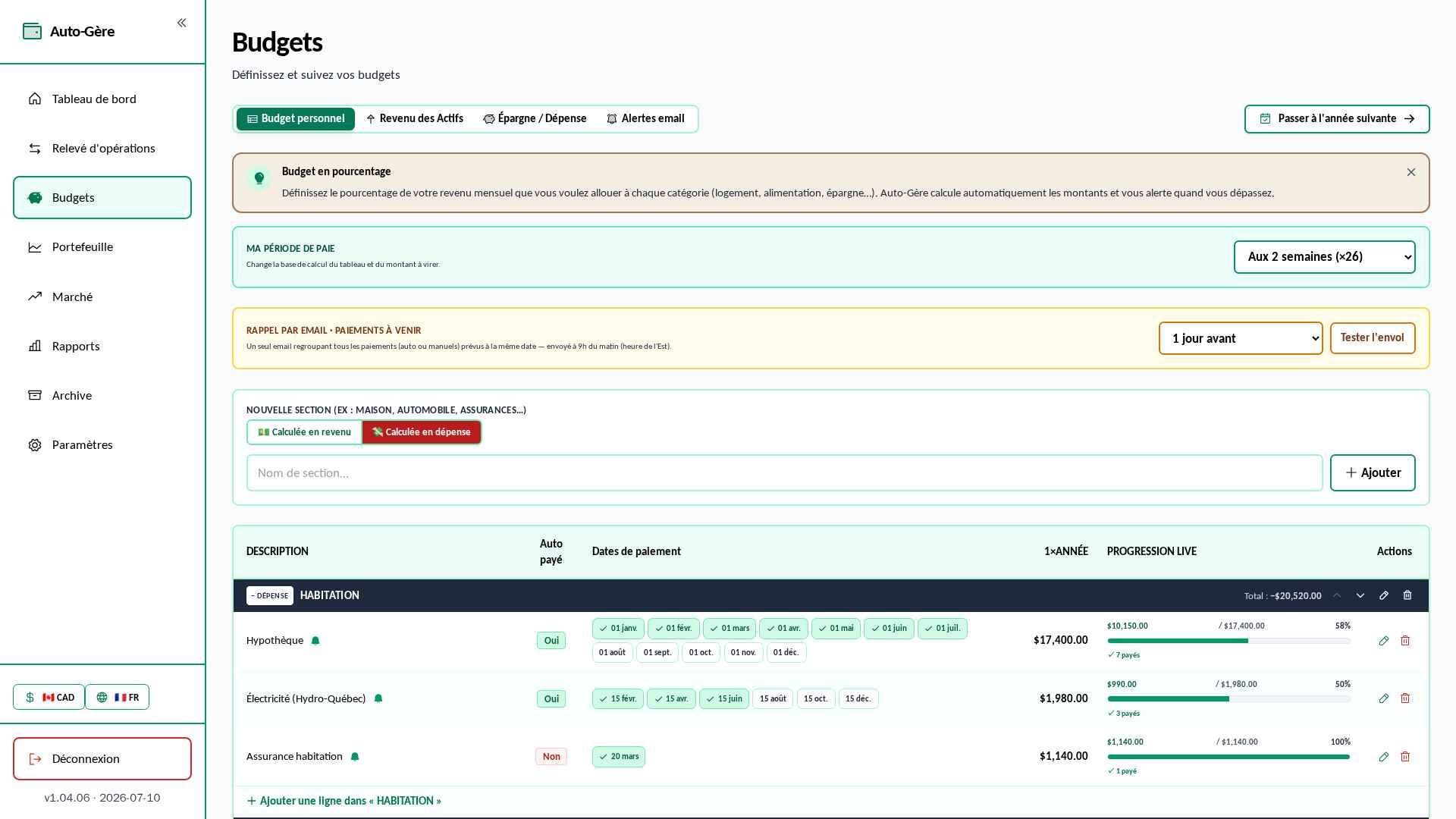 Budgets — dates de paiement, rappels et progression en direct