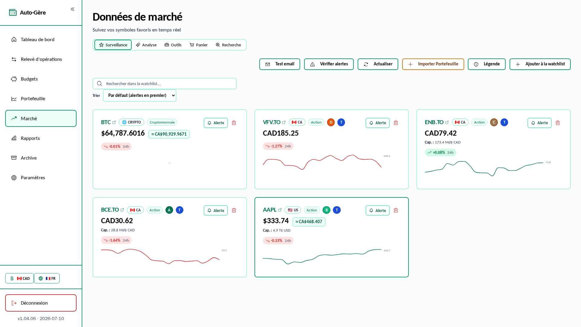 Marché — surveillance, alertes de prix et capitalisation