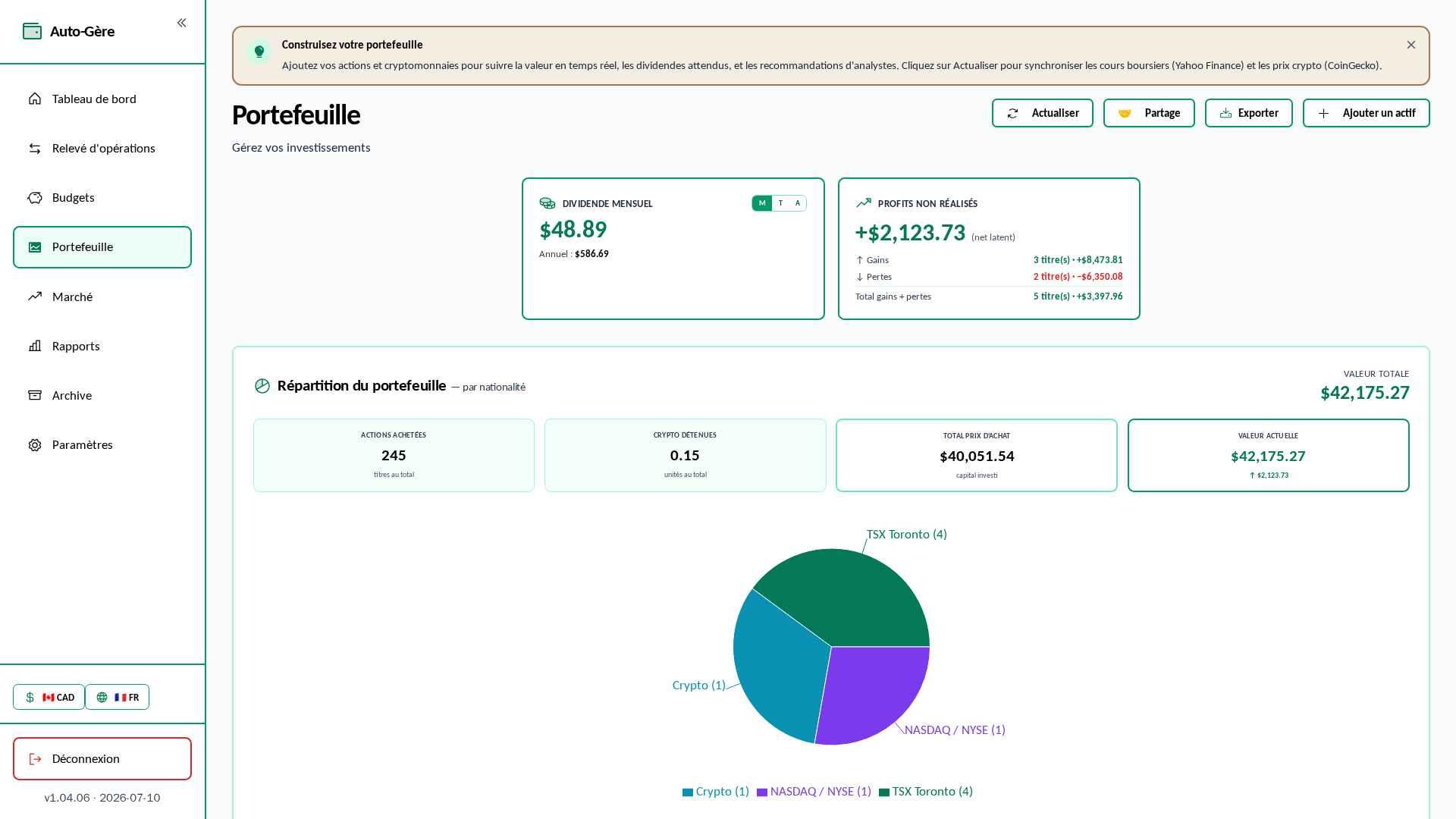 Portefeuille — actions et crypto en temps réel, multi-devises