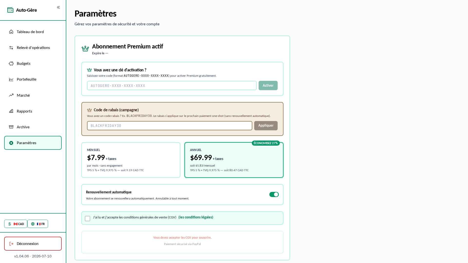 Paramètres — sécurité 2FA et abonnement flexible